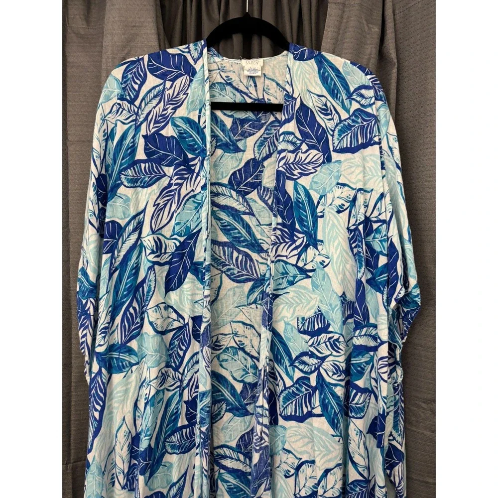 Sigrid Olsen‎ Linen Blend Open Front Long Cardigan Womens OS Blue Floral Beachy